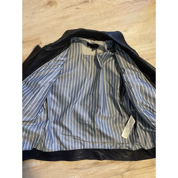 Massimo Dutti Leather Asymmetrical Zip Moto Biker Jacket Navy Women's Size M - Picture 12 of 12